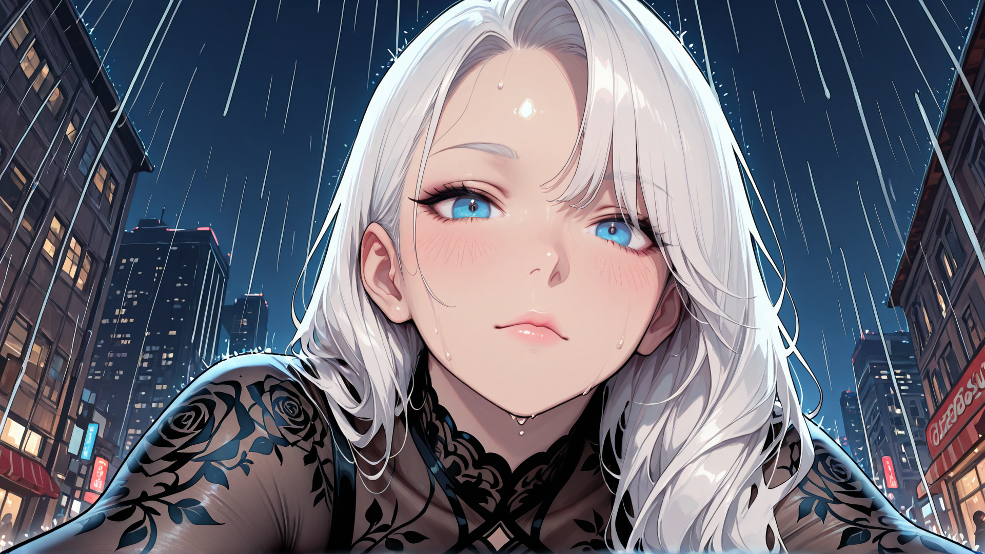 AI generated wallpaper featuring woman, tattoo, rain