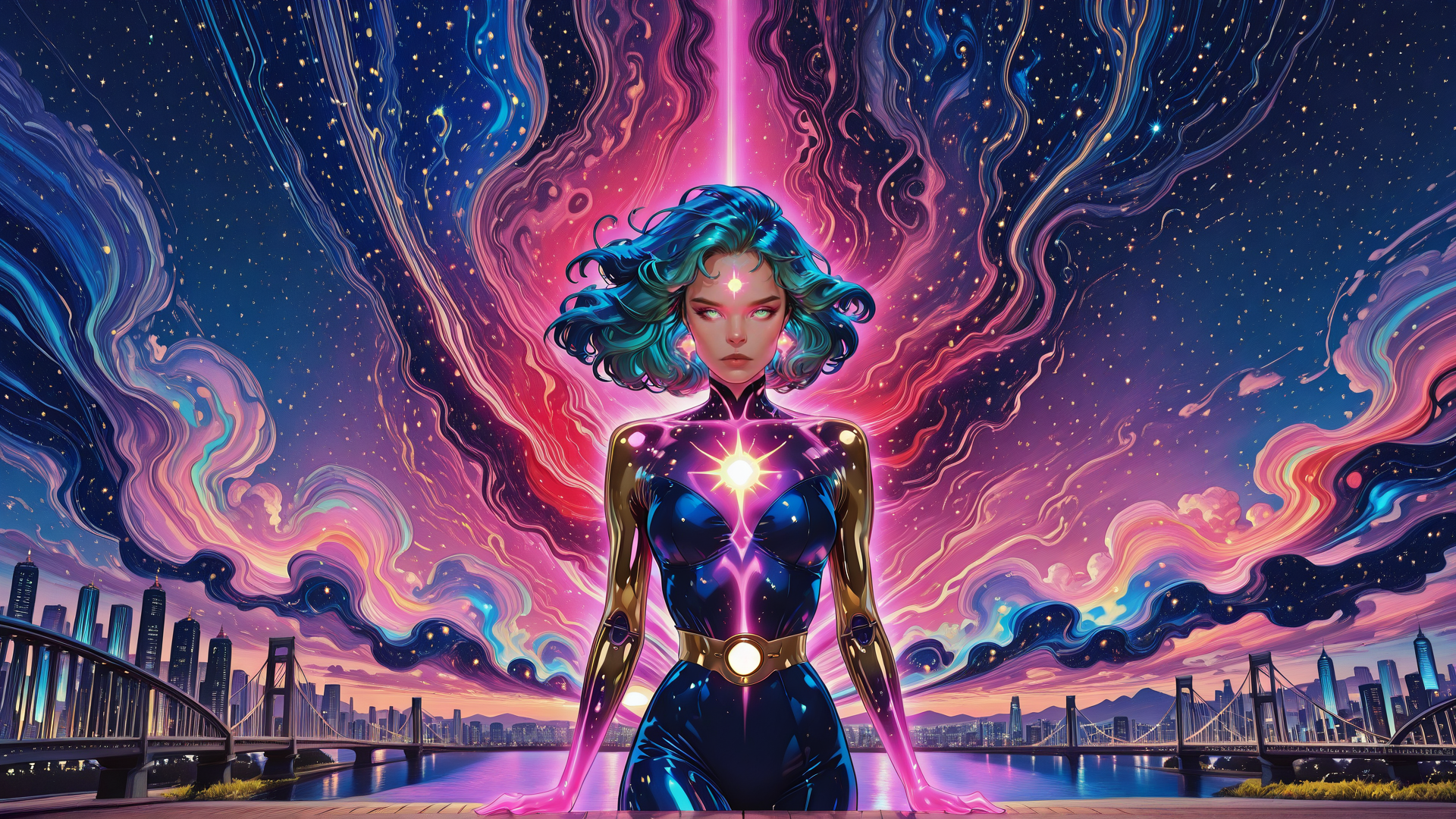 AI generated wallpaper featuring woman, cityscape, neon, galaxy, bridge, cosmic