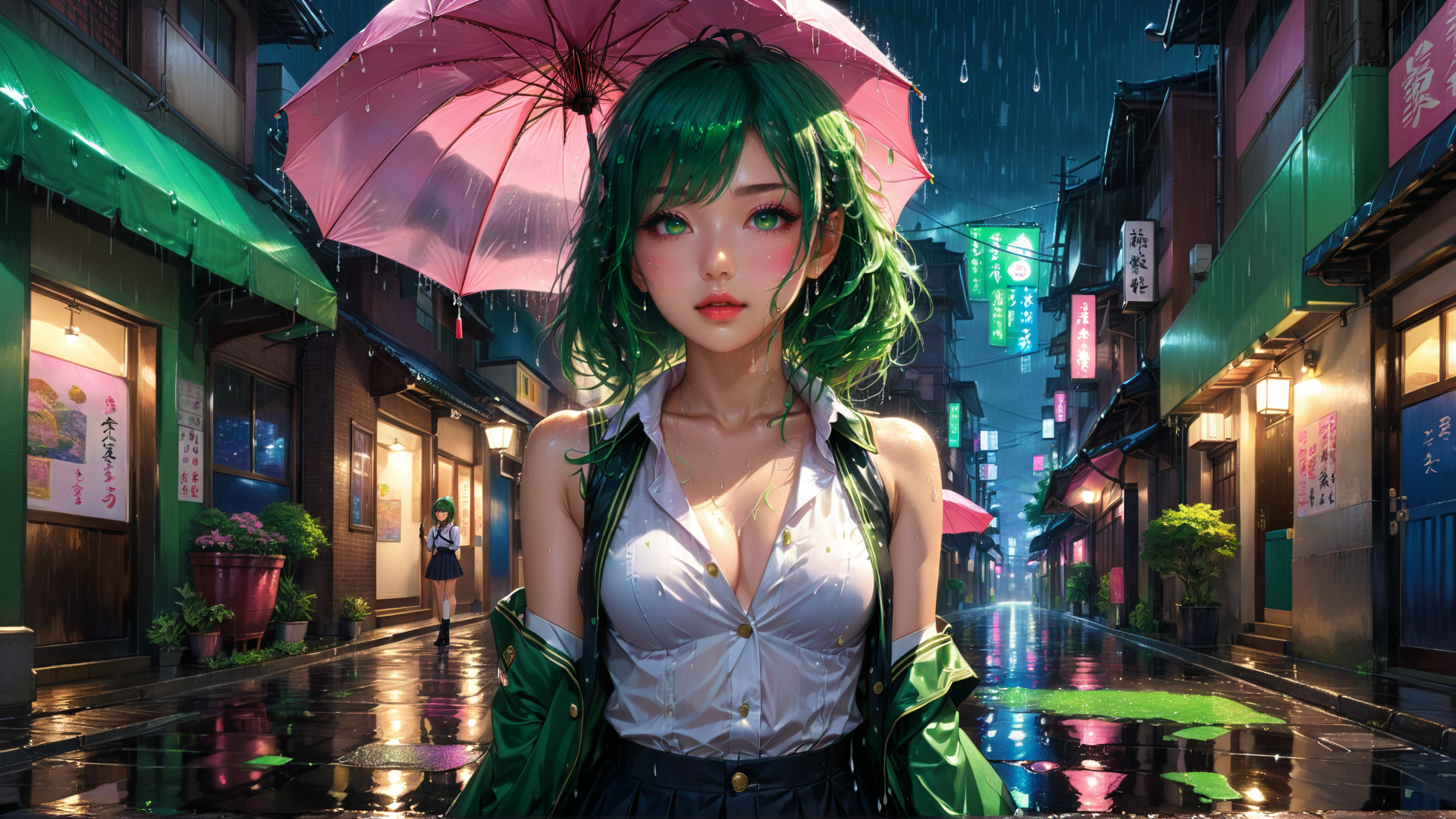 AI generated wallpaper featuring girl, umbrella, street, rain, shop, sign, building, potted plant, reflection, light