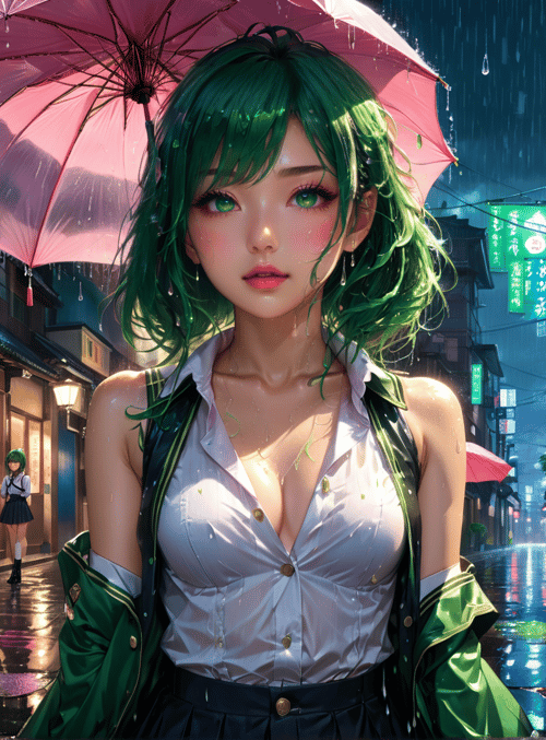 girl, umbrella, street, rain, shop, sign, building, potted plant, reflection, light