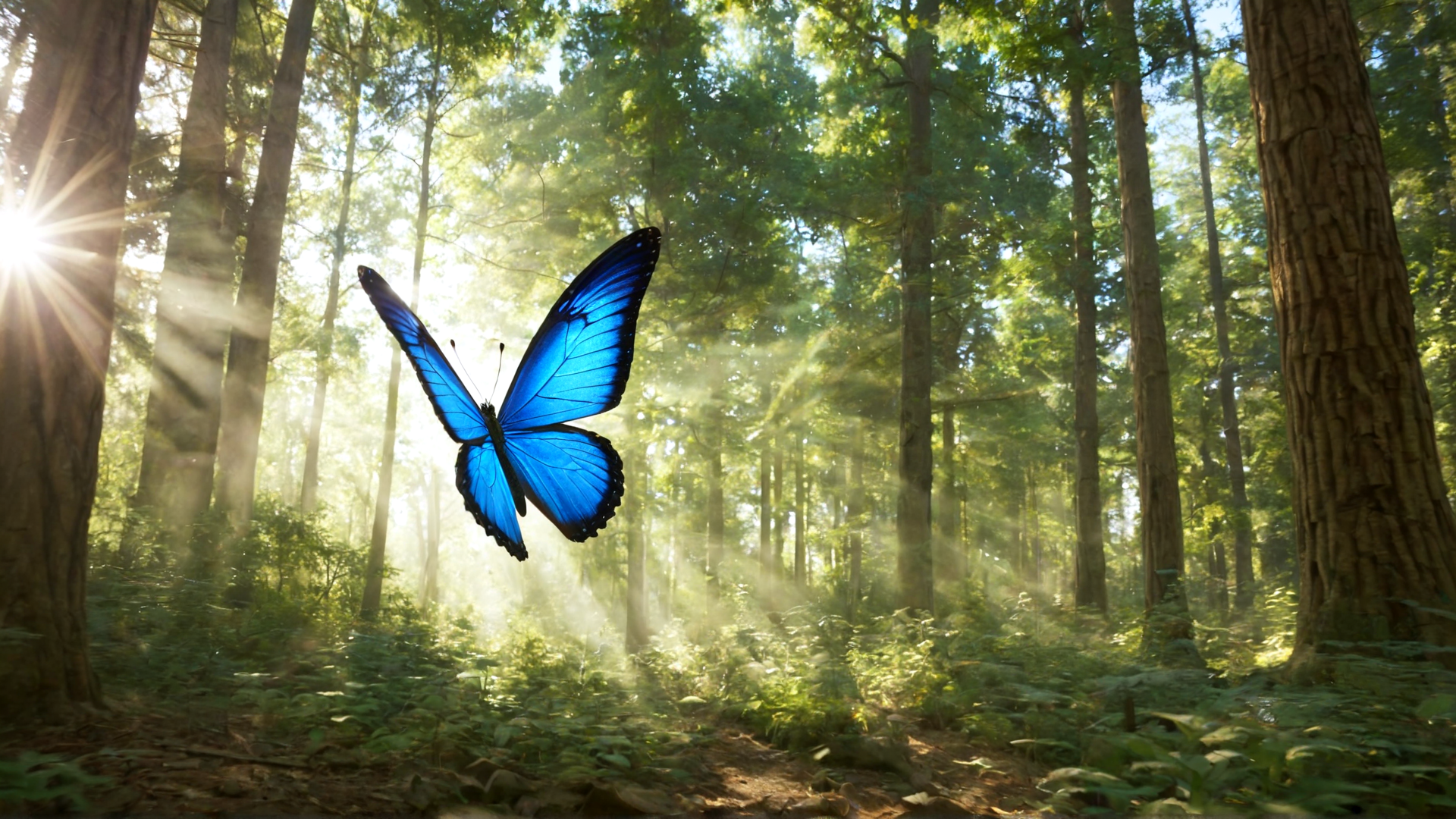 AI generated wallpaper featuring butterfly, forest, sunlight