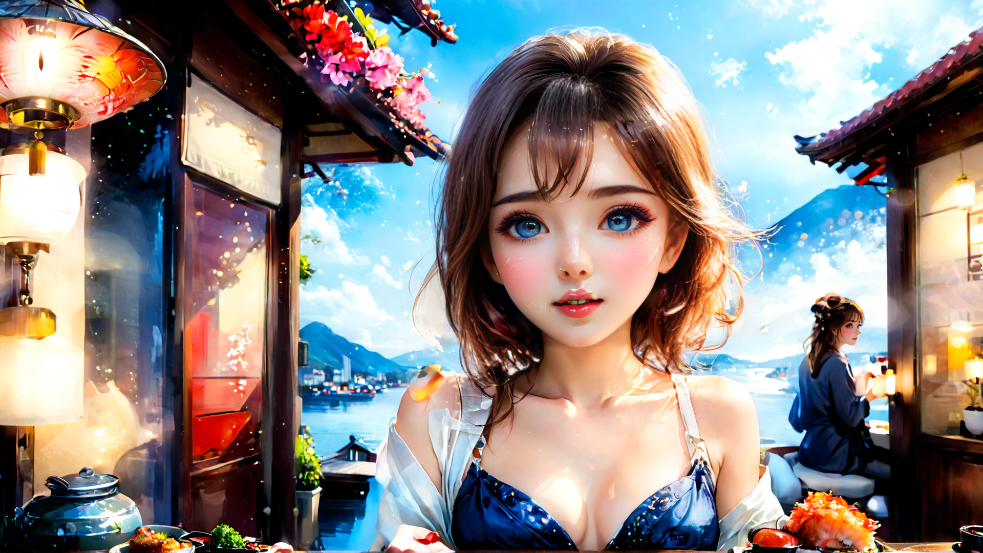 AI generated wallpaper featuring woman, restaurant, lake