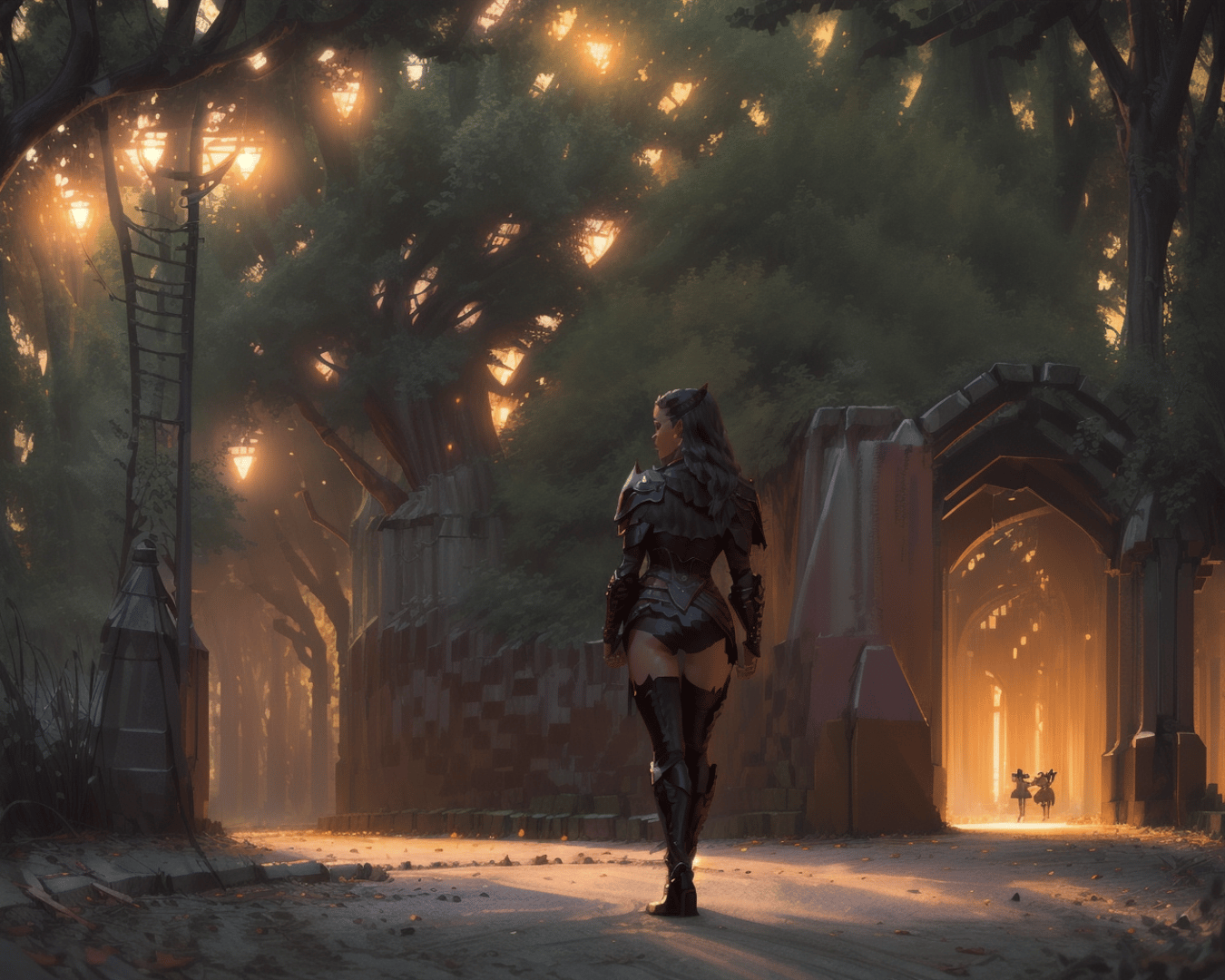 AI generated wallpaper featuring warrior, forest, archway