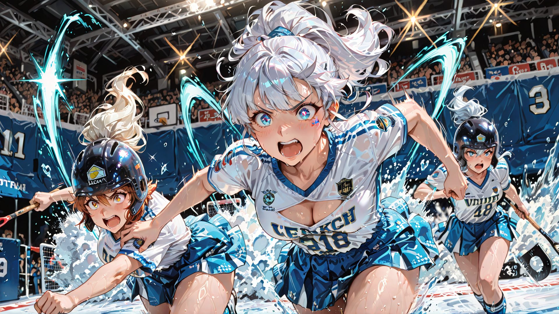 AI generated wallpaper featuring hockey players, female athletes, sports team, ice rink, stadium