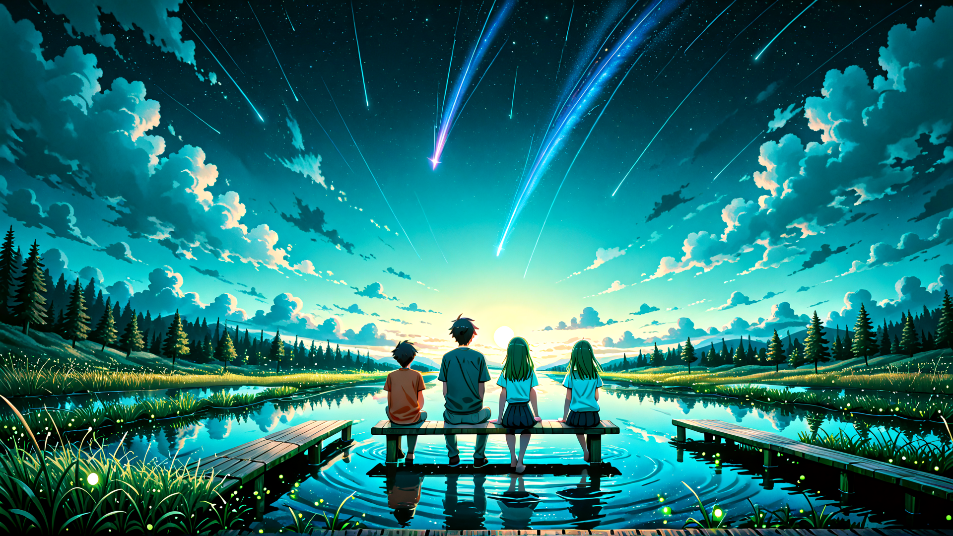 AI generated wallpaper featuring people, stars, sky, water, trees, bench, lake, clouds, sun, fireflies