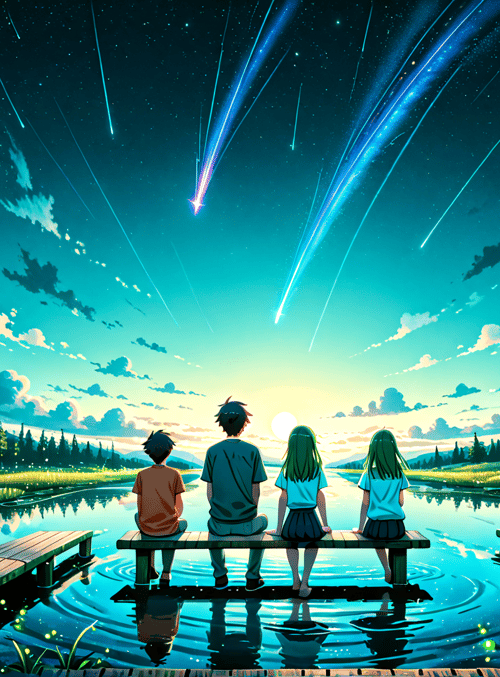 people, stars, sky, water, trees, bench, lake, clouds, sun, fireflies