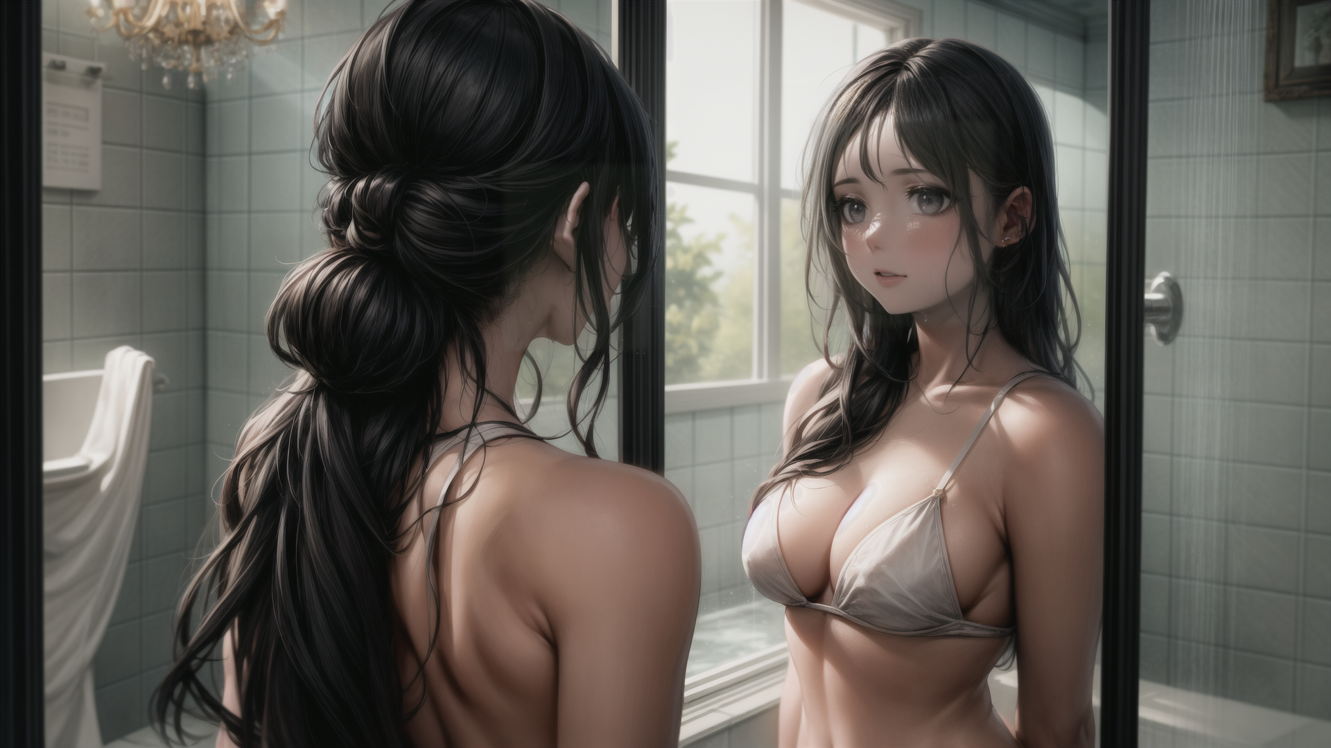 AI generated wallpaper featuring woman, mirror, bathroom