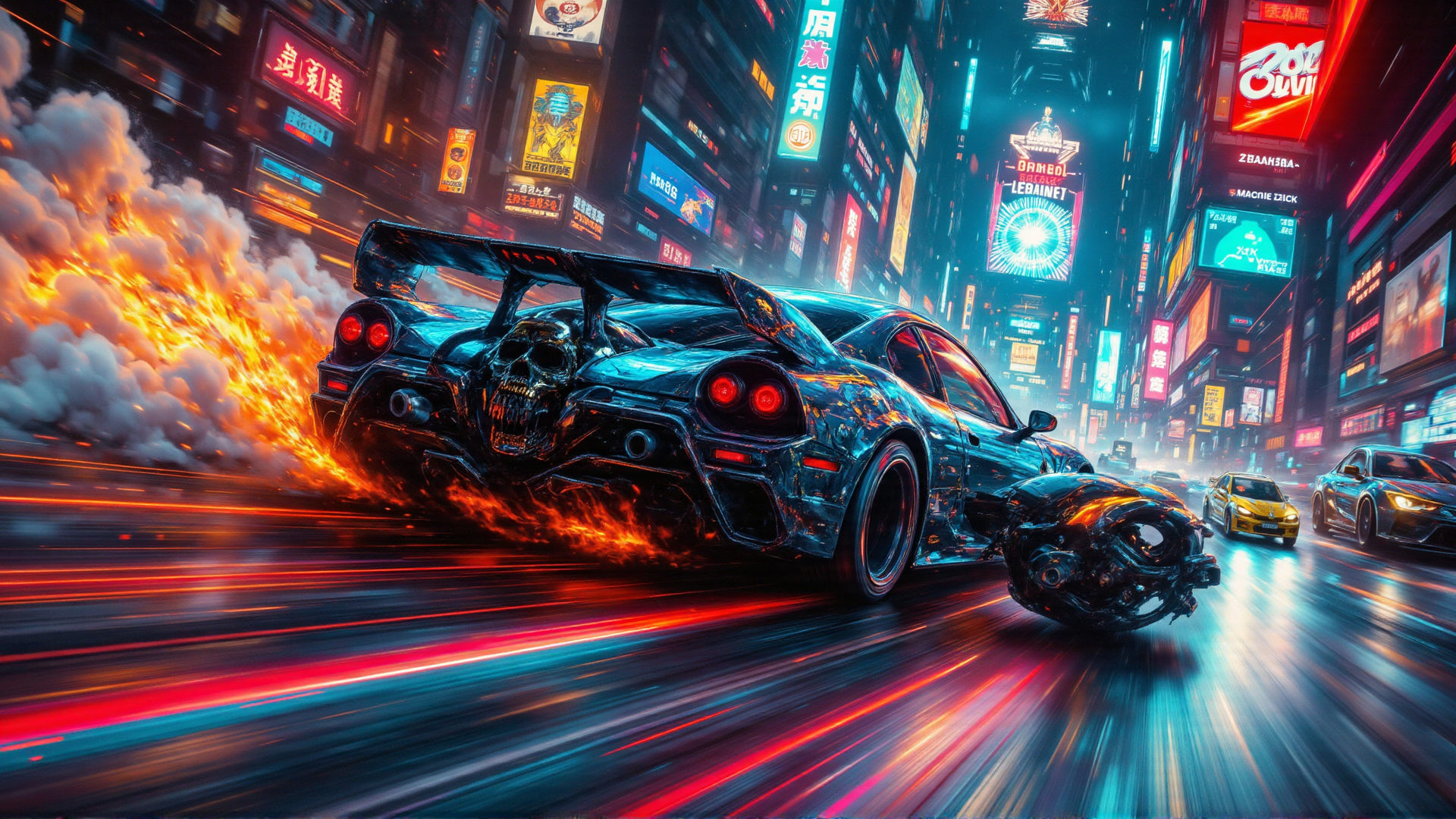 AI generated wallpaper featuring car, skull, neon