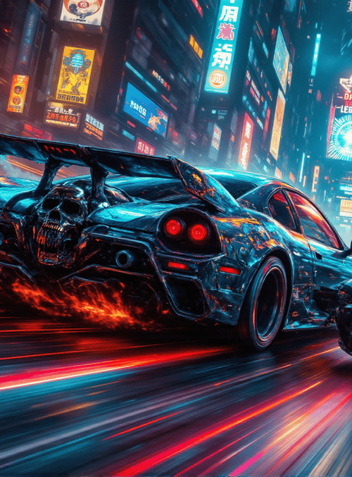 car, skull, neon