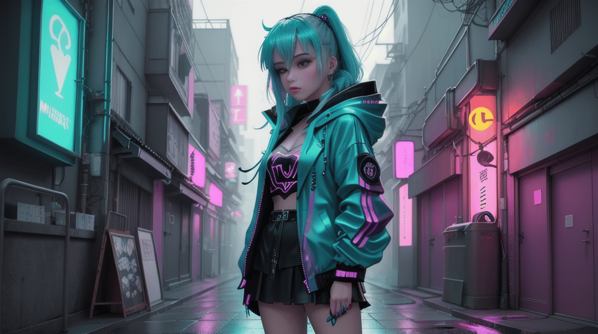 AI generated wallpaper featuring anime girl, street, neon