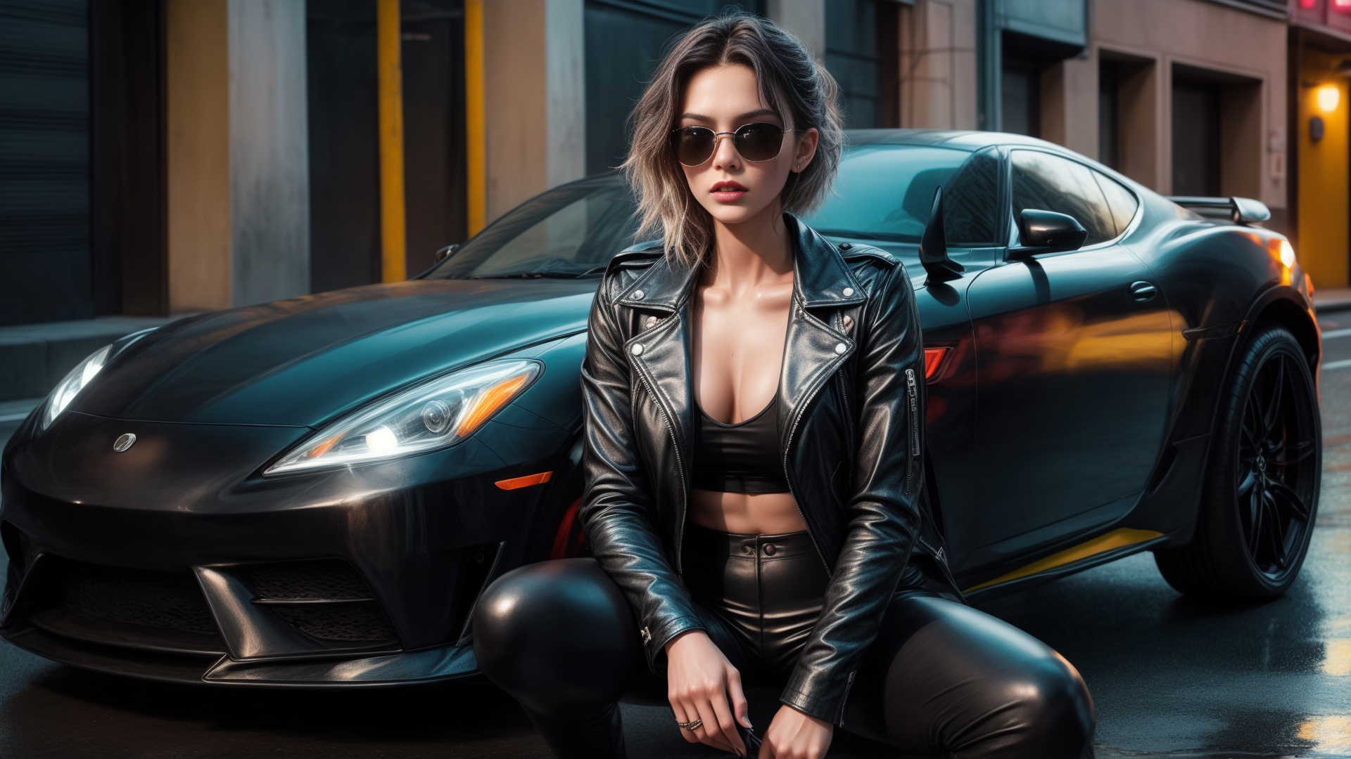 AI generated wallpaper featuring woman, car