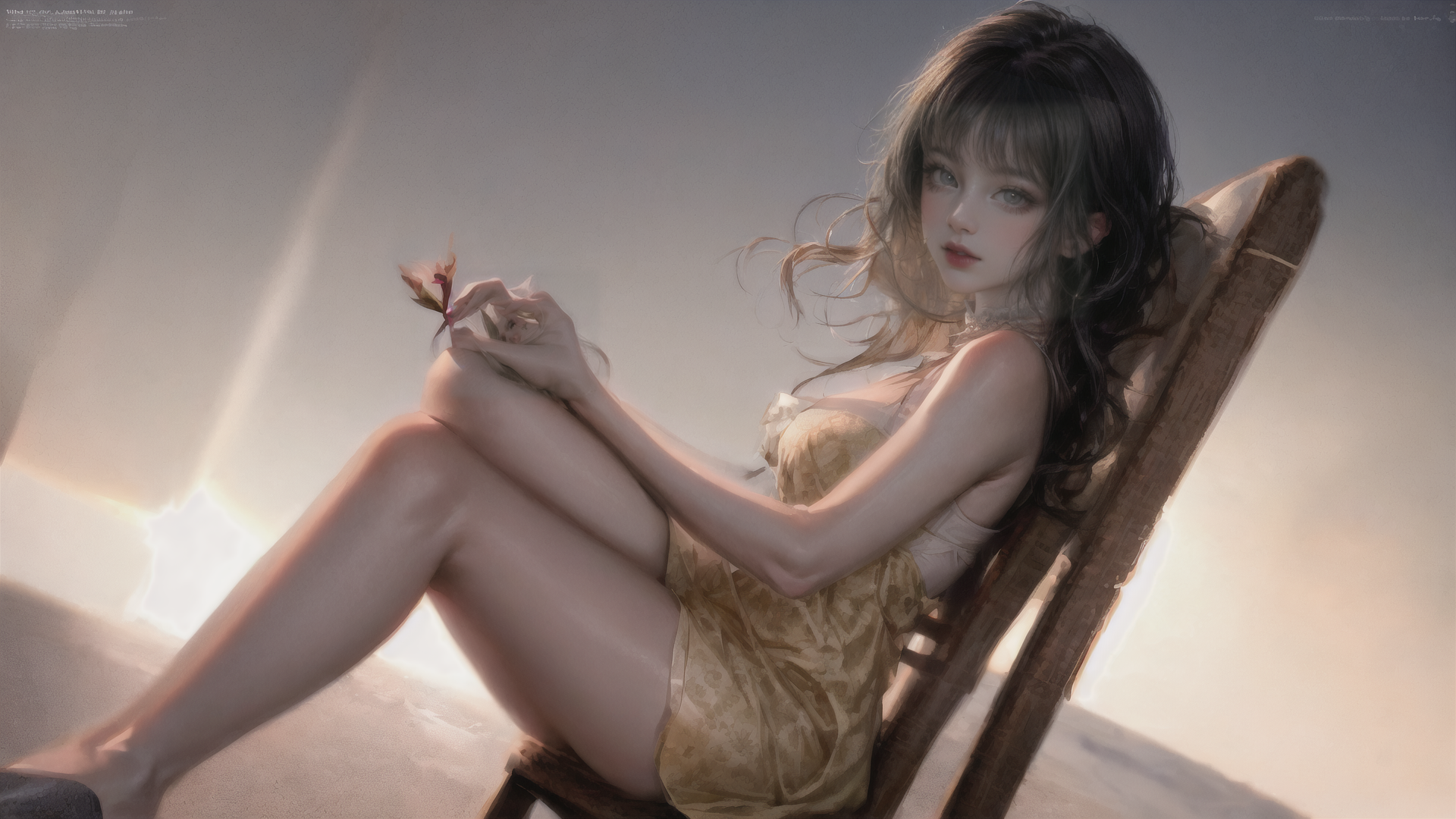 AI generated wallpaper featuring woman, chaise lounge, flower
