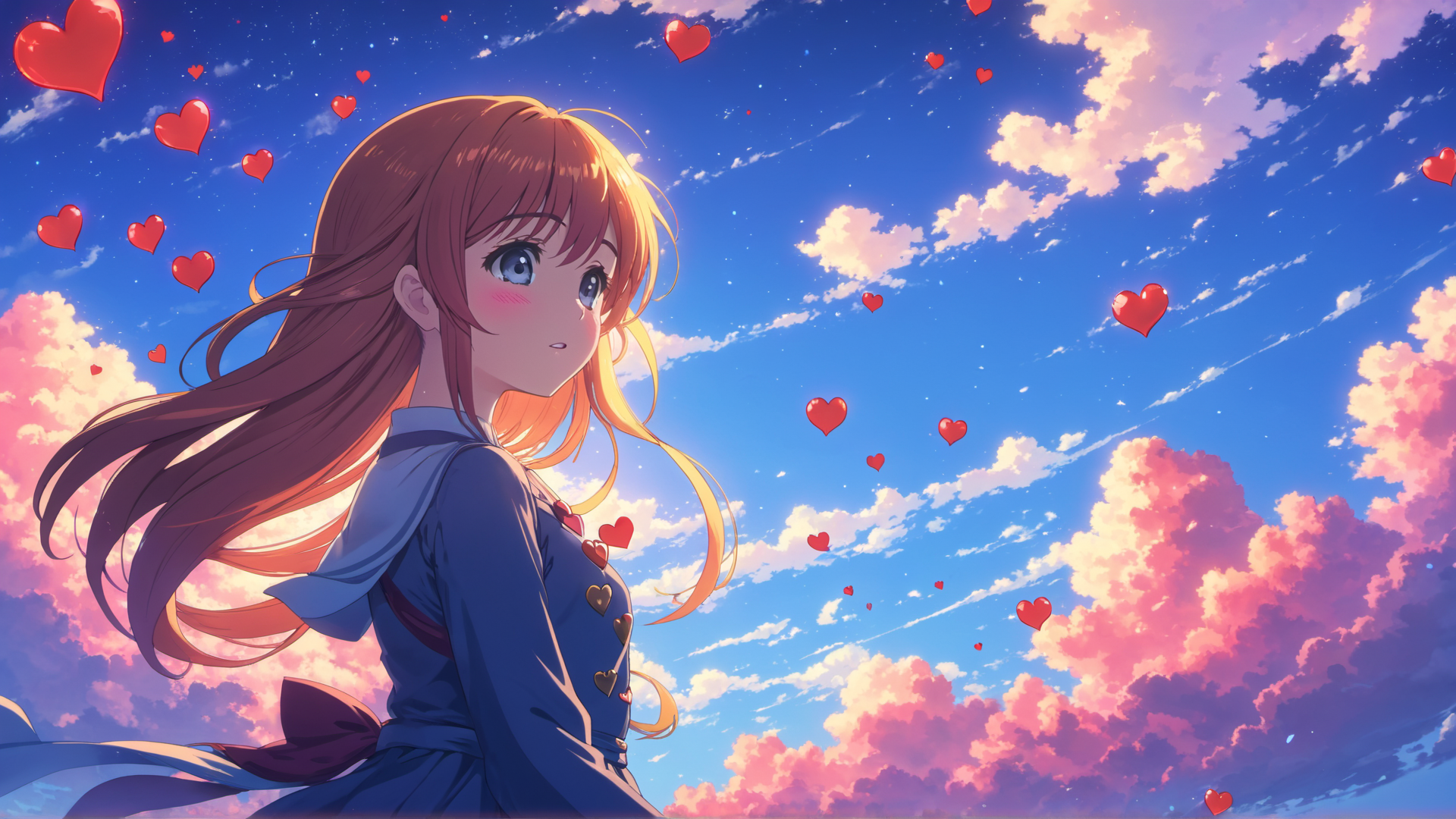 AI generated wallpaper featuring girl, hearts, sky
