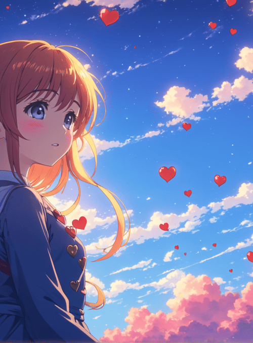 girl, hearts, sky