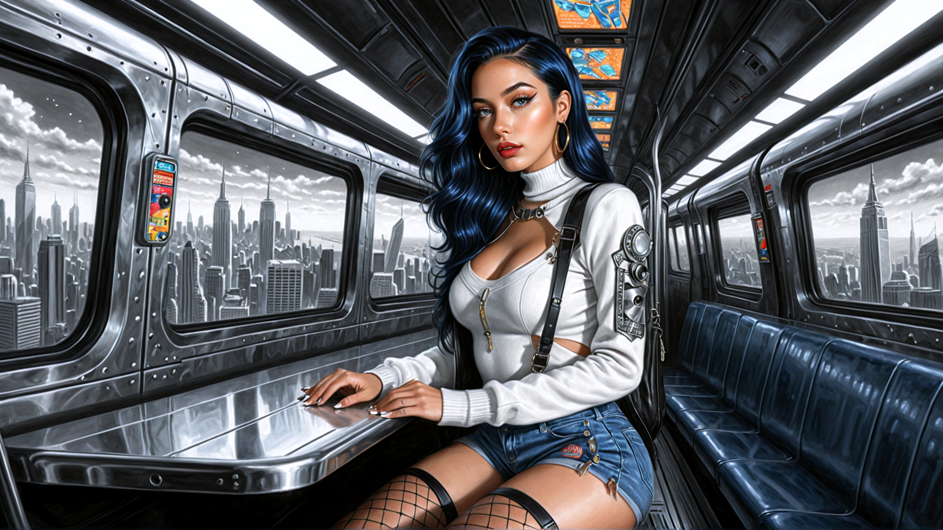 AI generated wallpaper featuring woman, subway, city, train, shorts, jeans, hairs