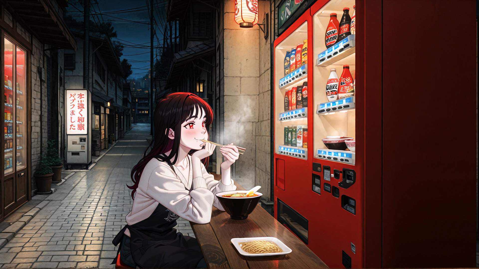 AI generated wallpaper featuring girl, noodle, street, vending machine, chopsticks, bowl, alley, lantern, sign, building