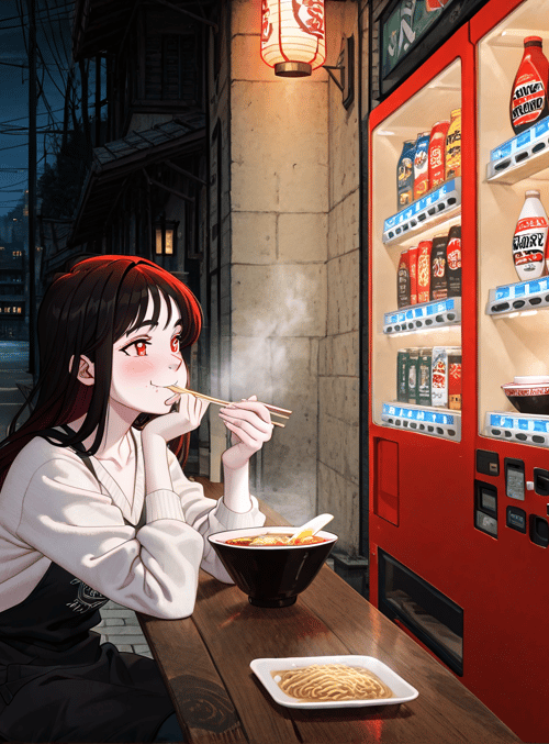 girl, noodle, street, vending machine, chopsticks, bowl, alley, lantern, sign, building