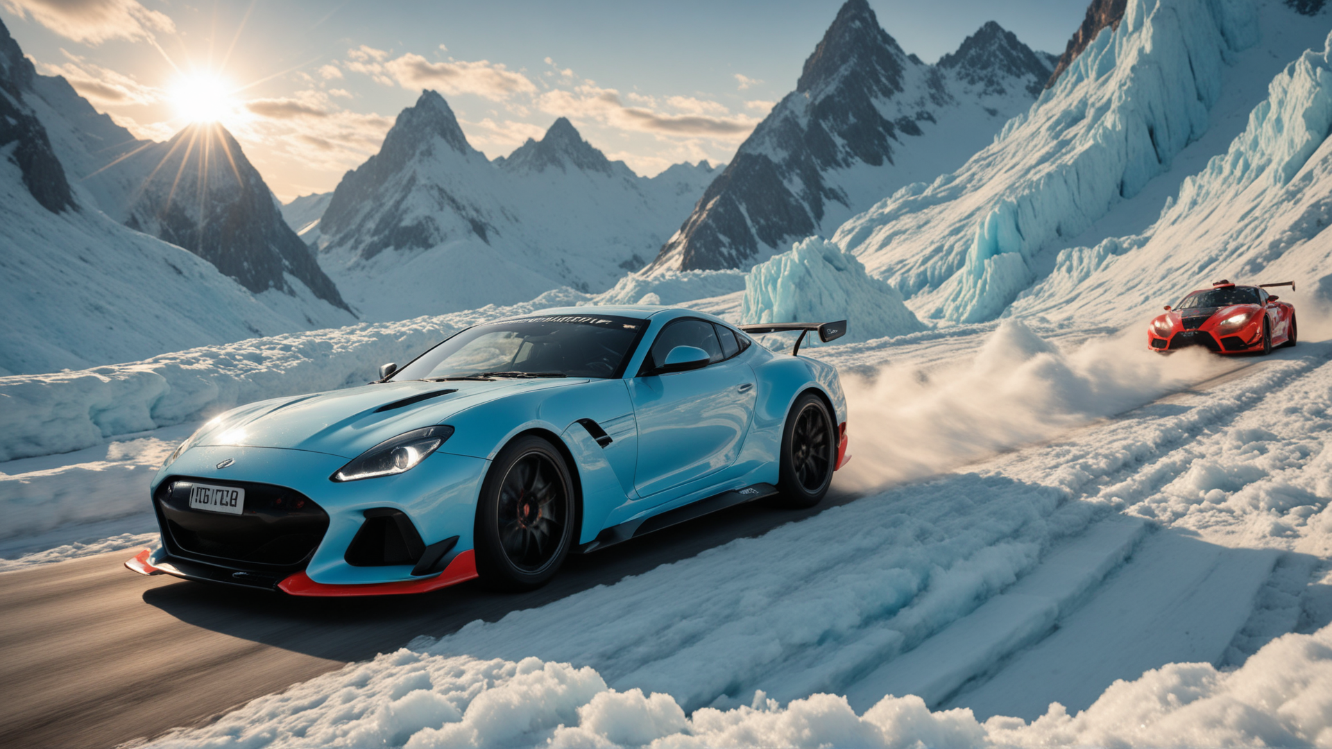 AI generated wallpaper featuring cars, mountains, ice, snow, road