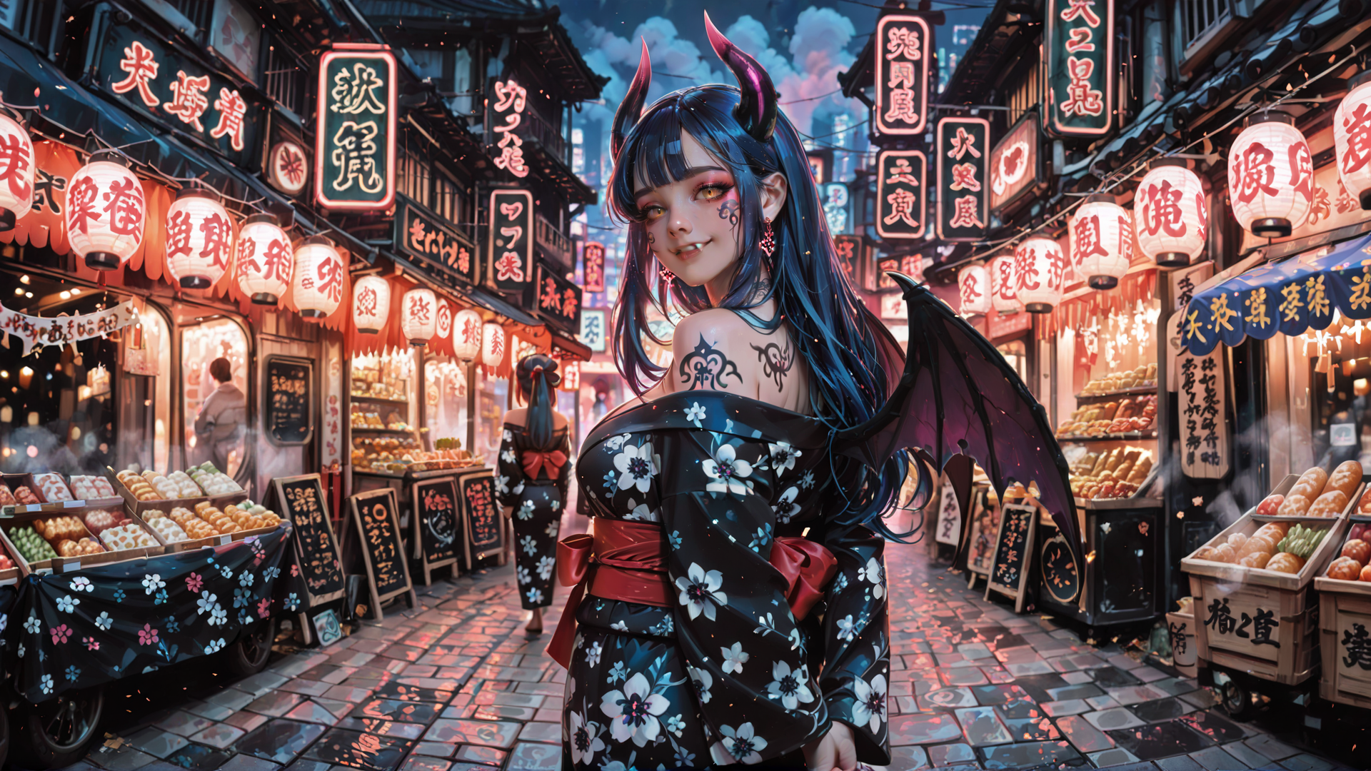AI generated wallpaper featuring demon, geisha, street, market, bakeries, lanterns, signs, wings, tattoo, hair