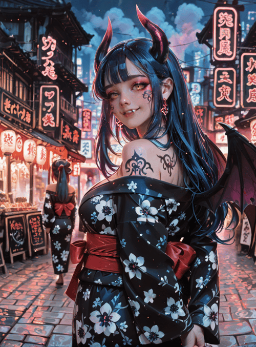demon, geisha, street, market, bakeries, lanterns, signs, wings, tattoo, hair