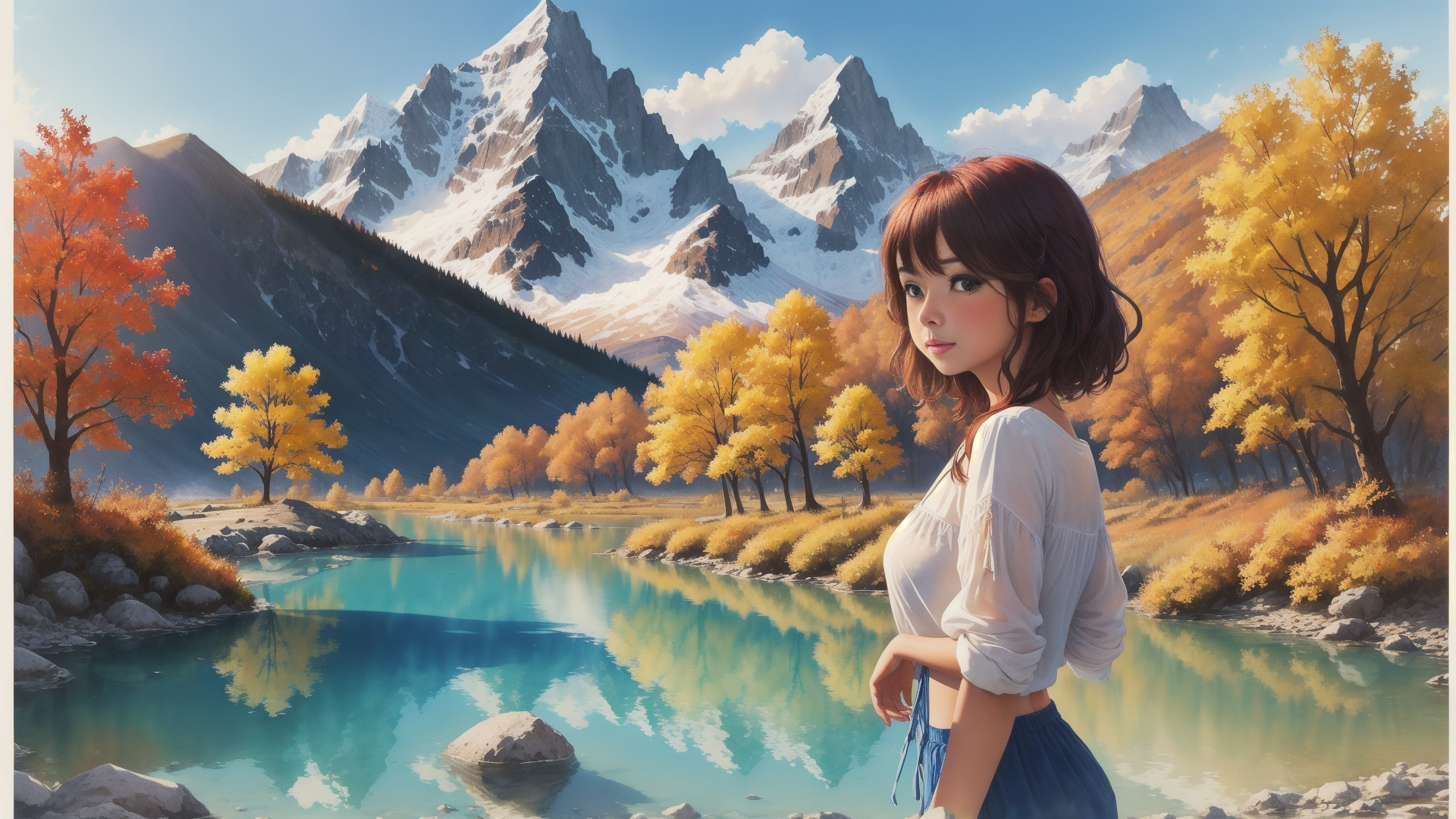 AI generated wallpaper featuring woman, mountains, lake