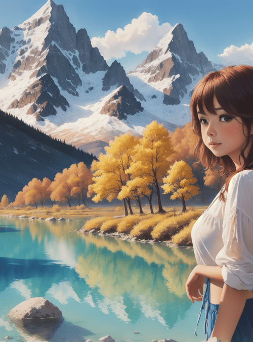 woman, mountains, lake