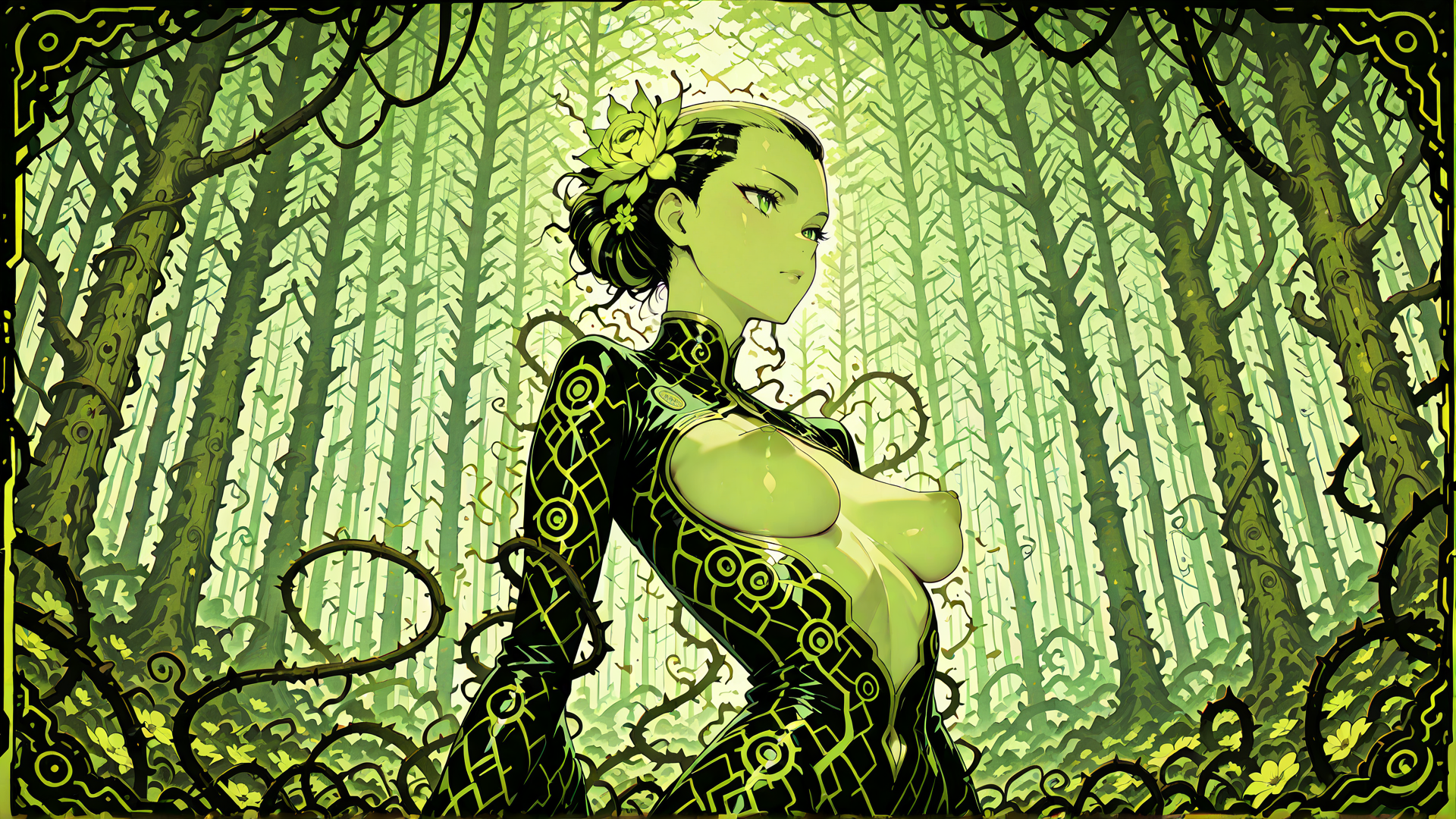 AI generated wallpaper featuring woman, forest, trees, vines, flowers, dress