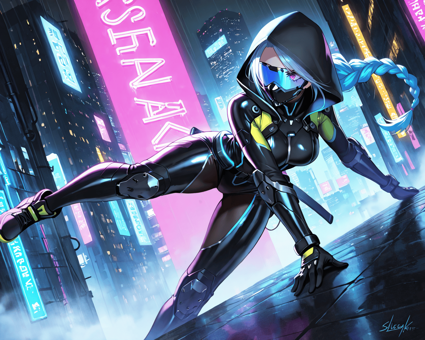 AI generated wallpaper featuring cyberpunk, woman, neon