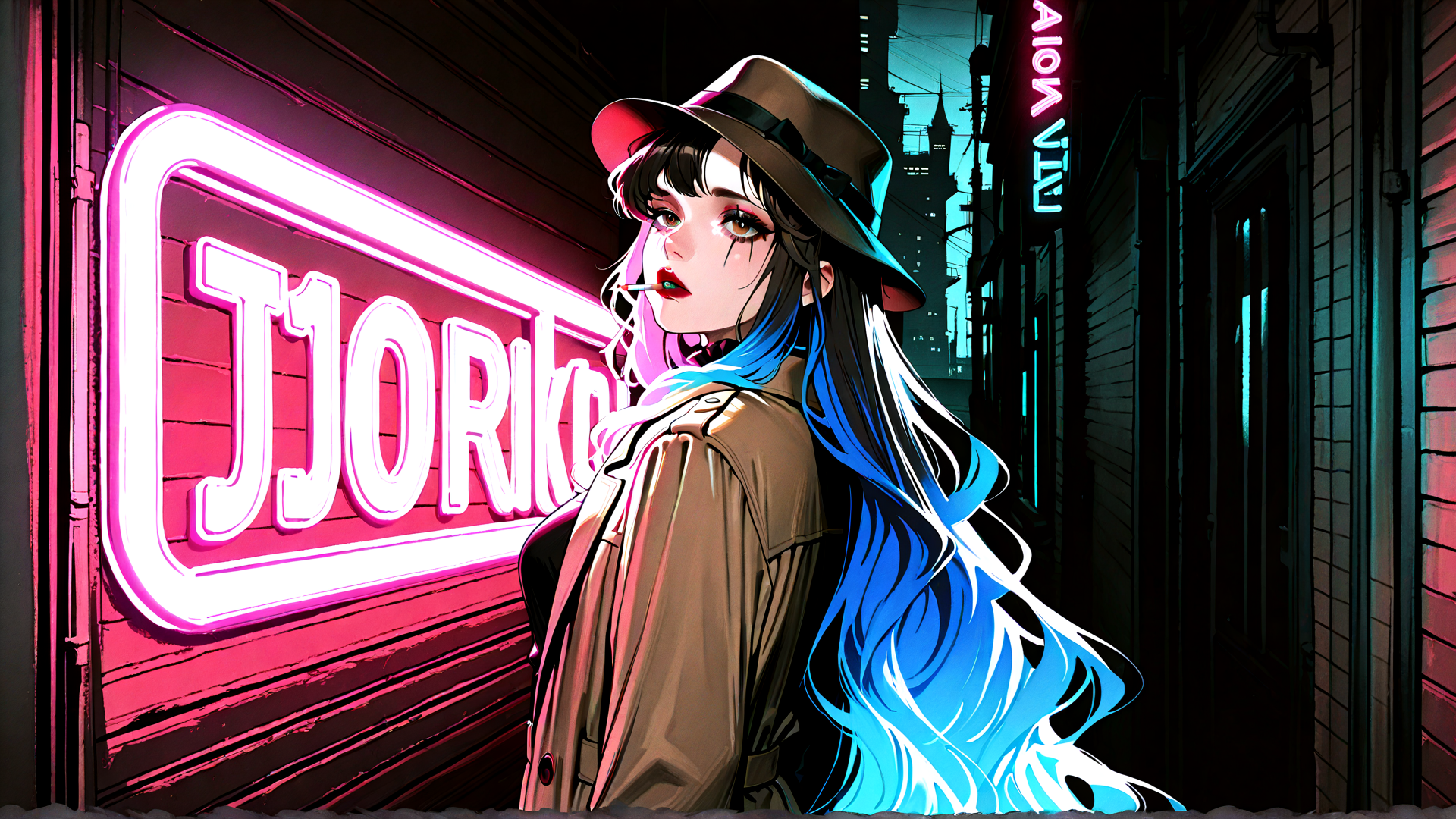 AI generated wallpaper featuring woman, neon sign, city street, hat, coat, cigarette, long hair
