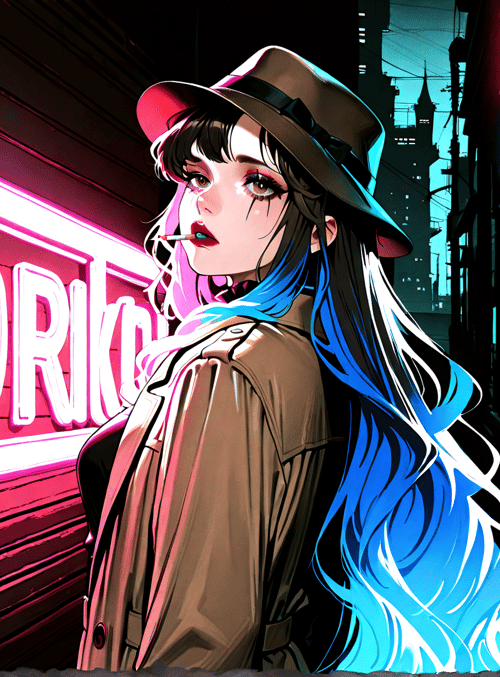 woman, neon sign, city street, hat, coat, cigarette, long hair