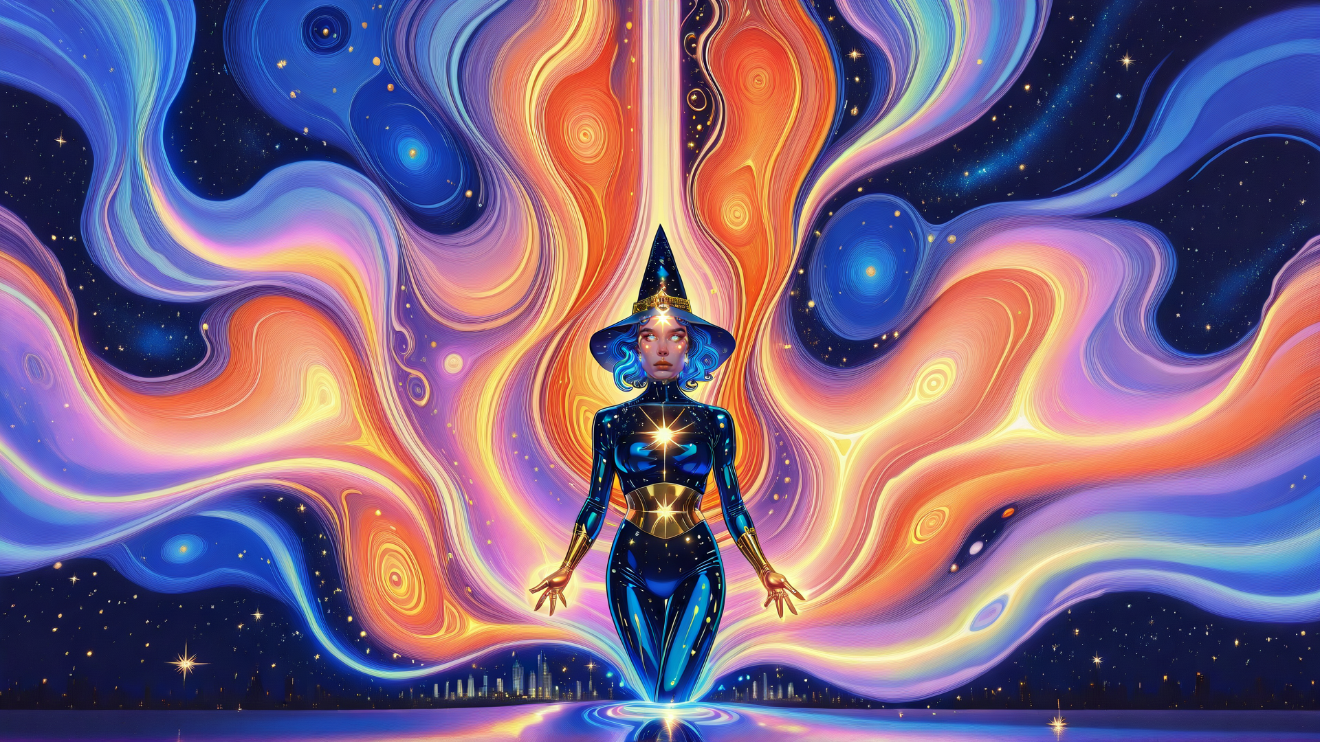 AI generated wallpaper featuring witch, cosmic, woman, galaxy, light, cityscape