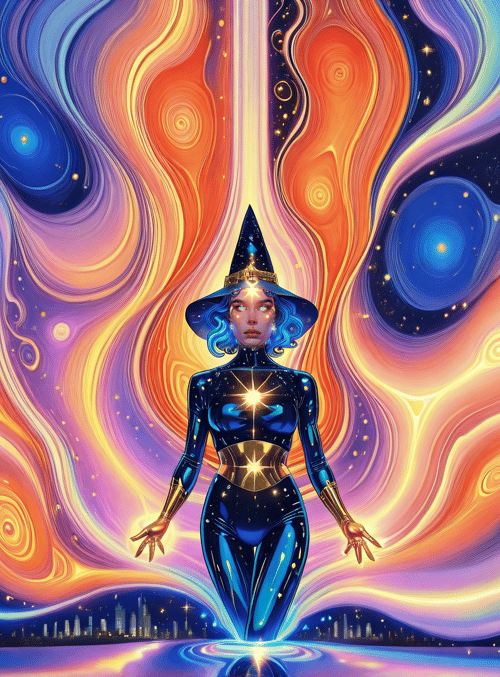 witch, cosmic, woman, galaxy, light, cityscape
