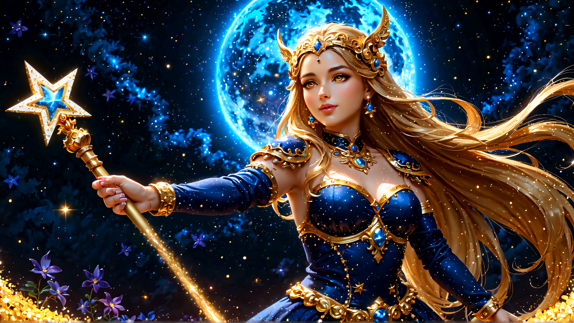 AI generated wallpaper featuring queen, wizard, fairy, star, moon, magic, crown, staff, goddess, princess