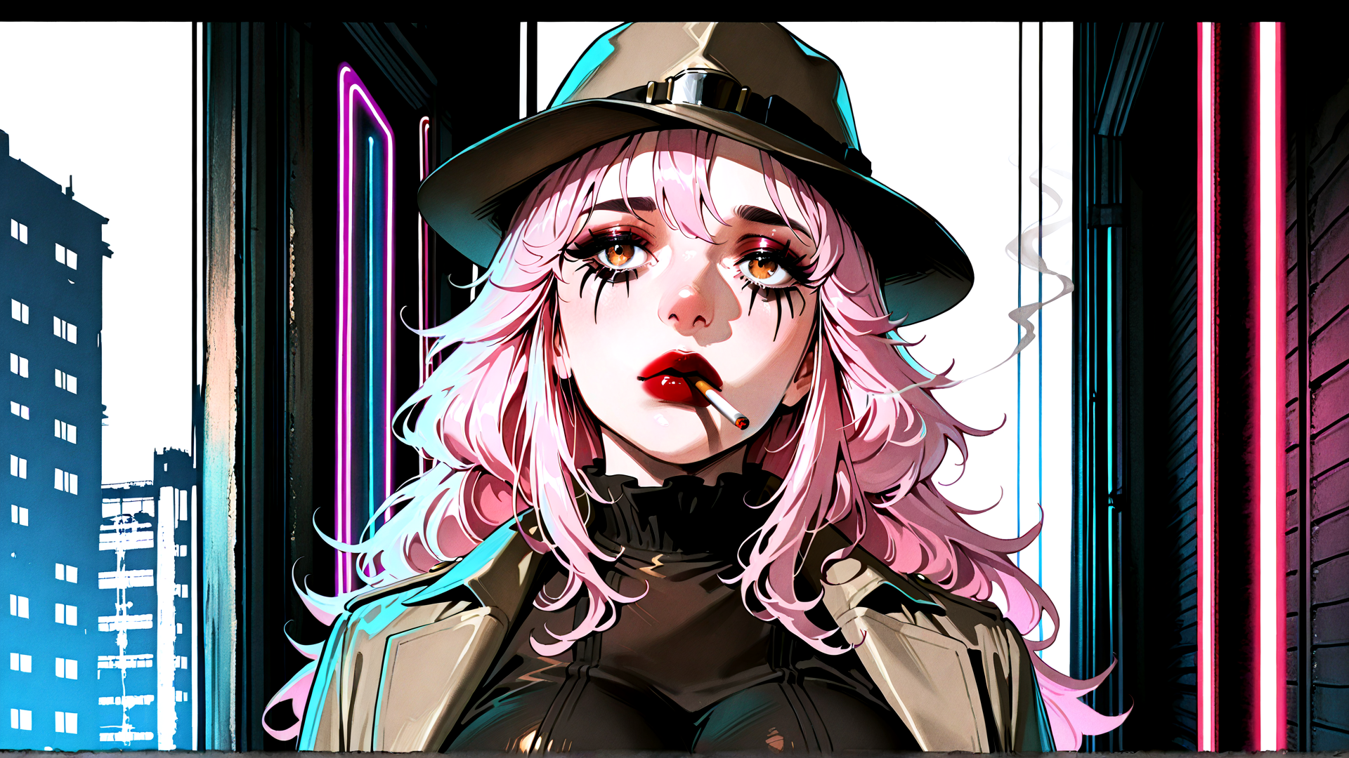 AI generated wallpaper featuring woman, neon, cityscape, hat, cigarette, pink hair