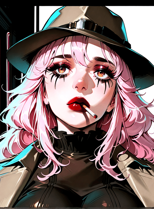 woman, neon, cityscape, hat, cigarette, pink hair