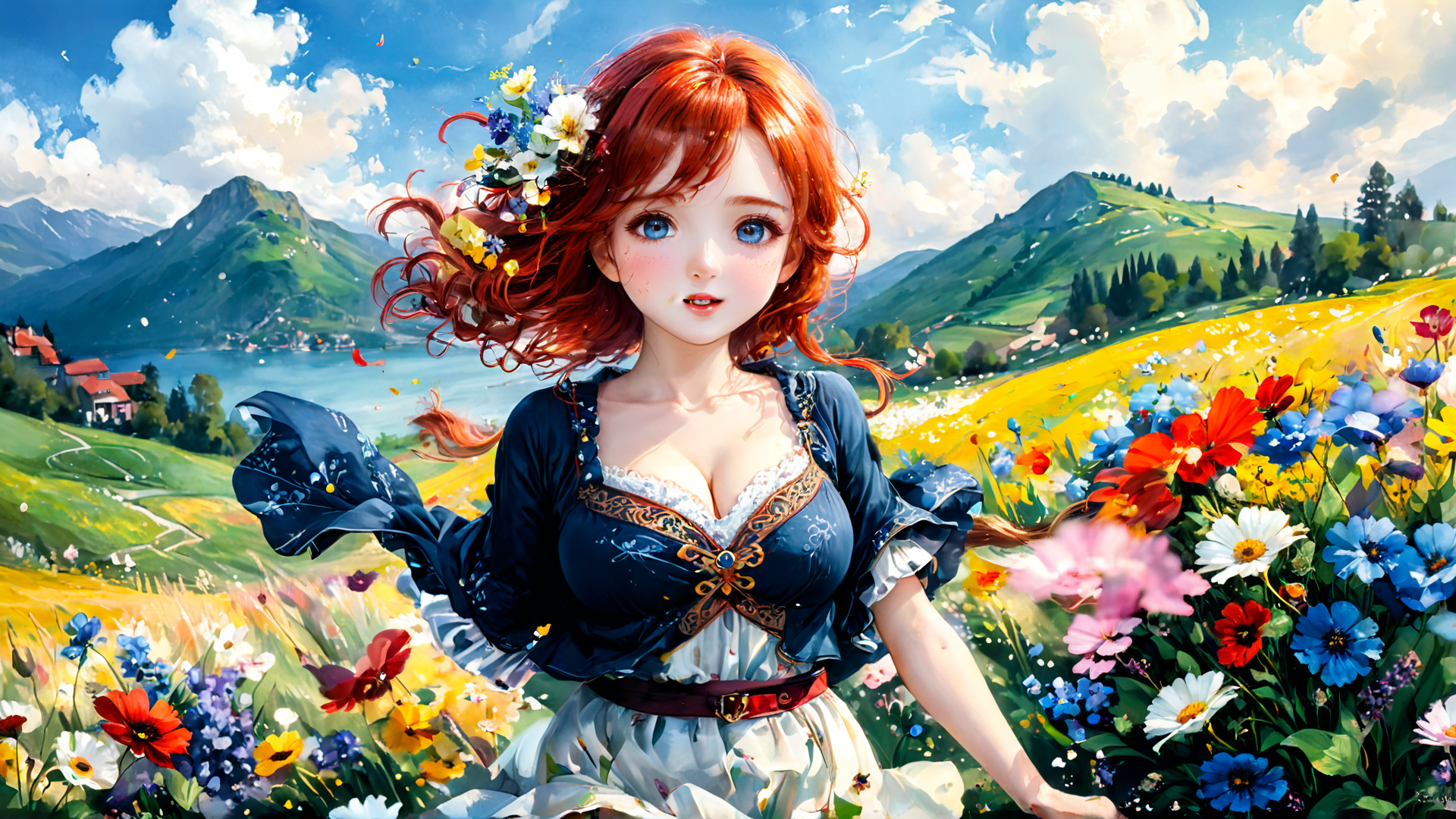 AI generated wallpaper featuring girl, flowers, landscape