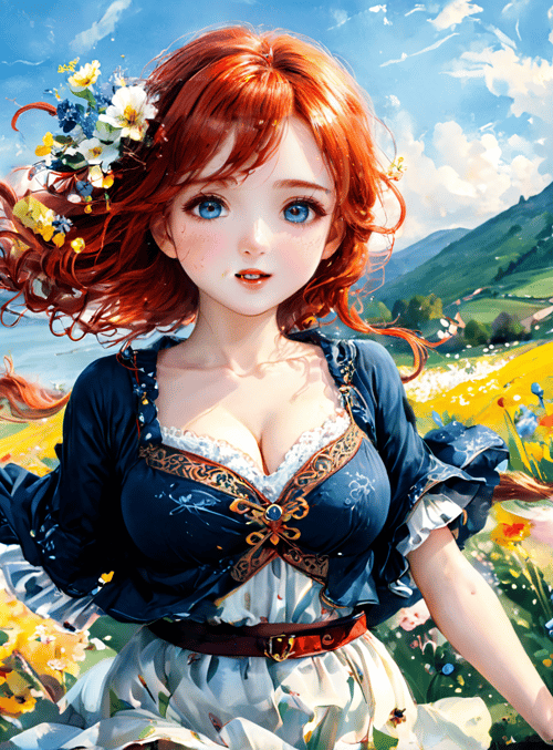girl, flowers, landscape