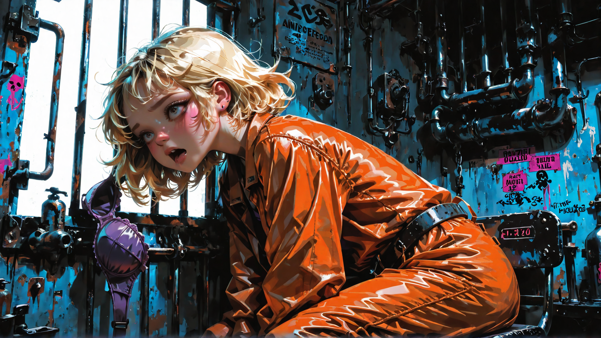 AI generated wallpaper featuring woman, blonde, leather jacket, industrial setting, graffiti, pipes
