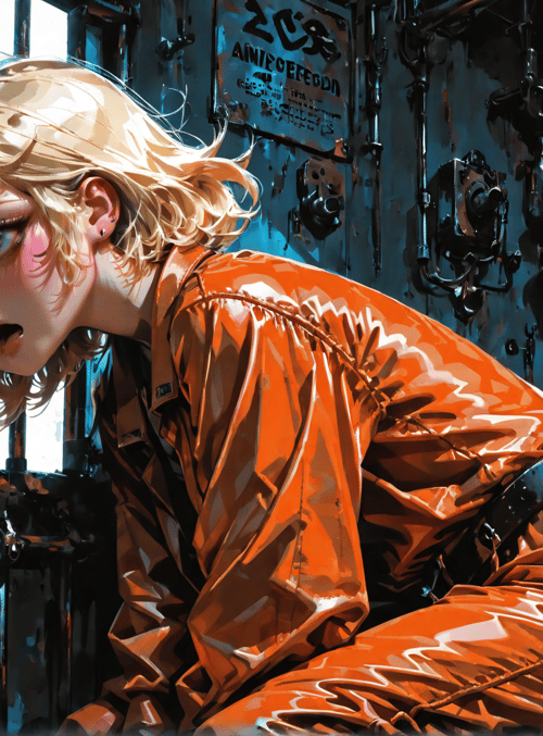 woman, blonde, leather jacket, industrial setting, graffiti, pipes