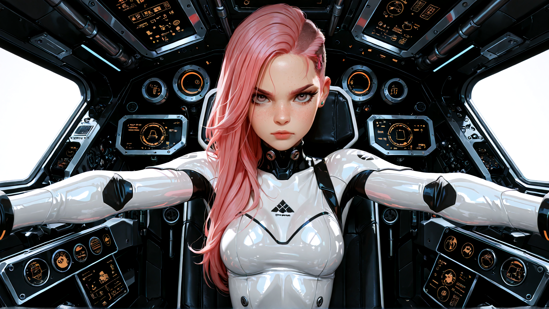 AI generated wallpaper featuring woman, pilot, spaceship, cockpit, robotic suit