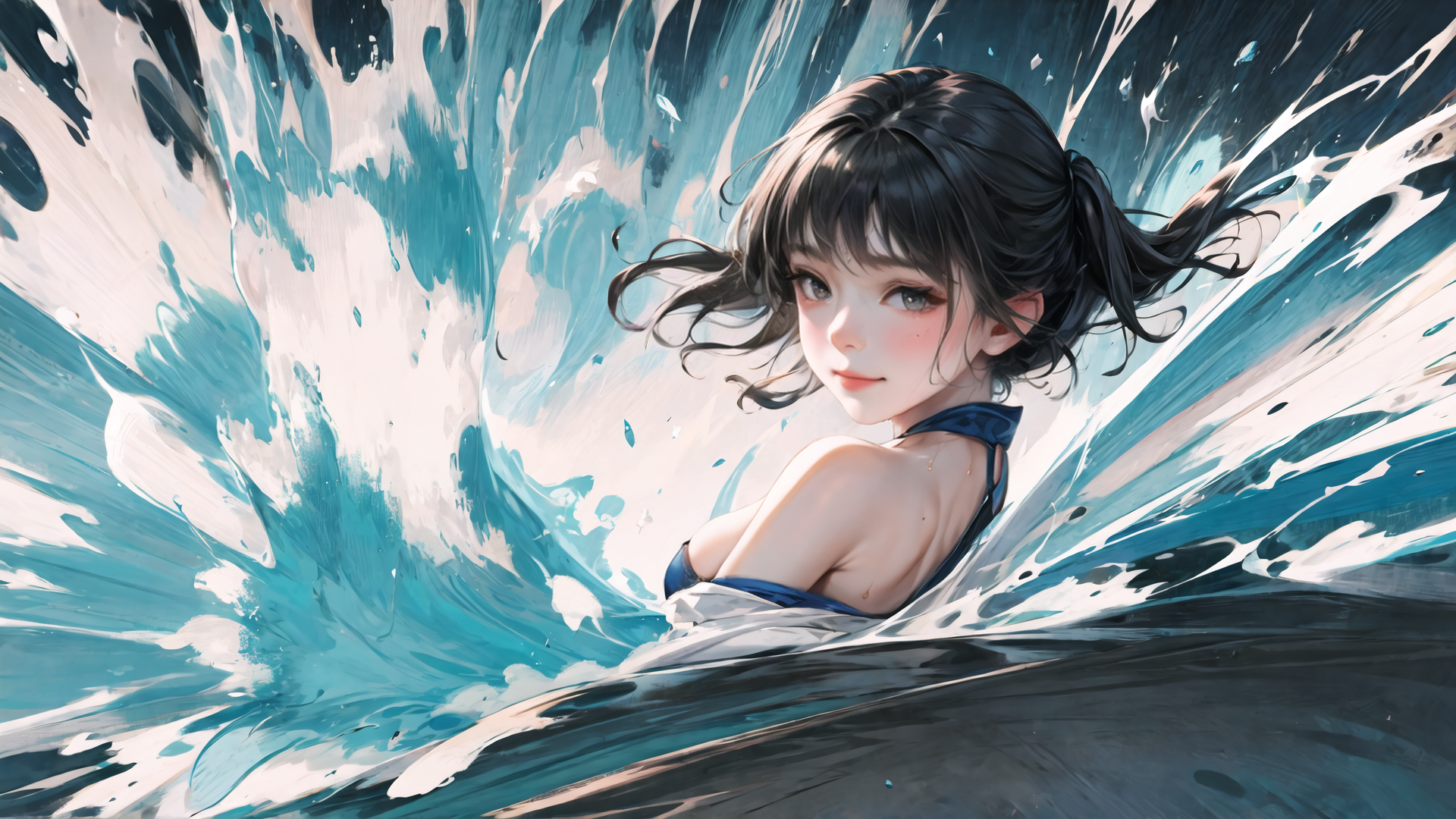 AI generated wallpaper featuring girl, wave, water