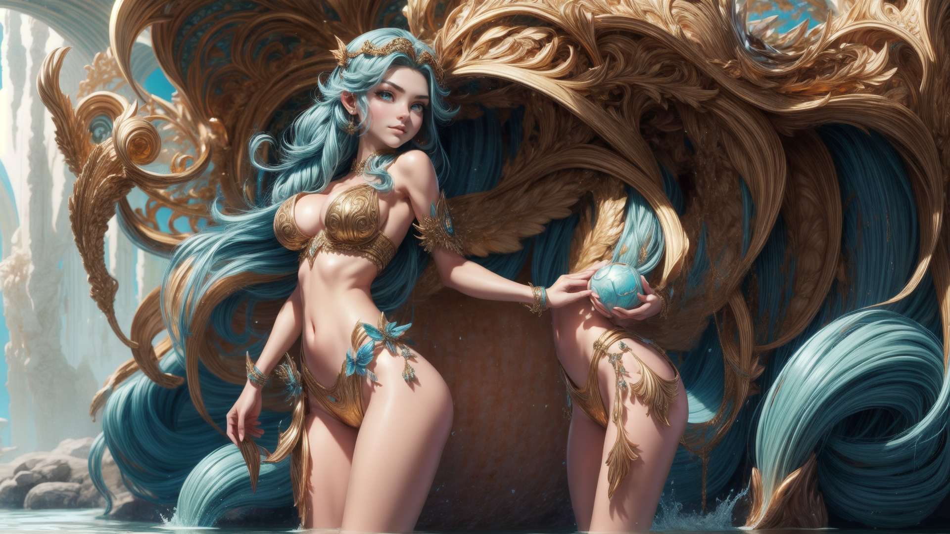 AI generated wallpaper featuring mermaid, goddess, ocean