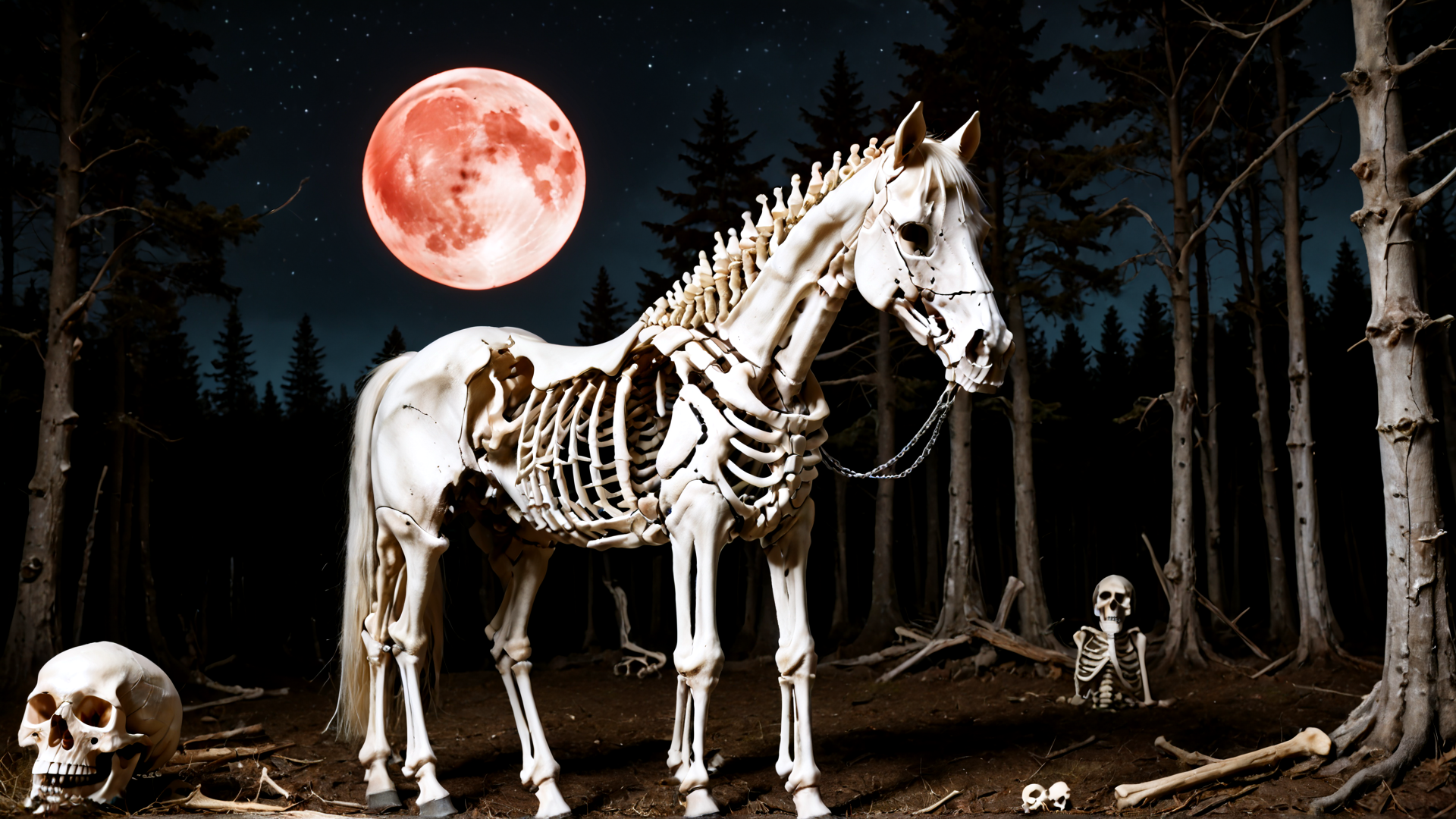 AI generated wallpaper featuring skeleton horse, skull, forest, red moon