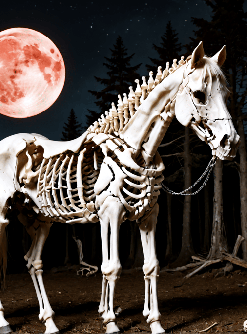 skeleton horse, skull, forest, red moon