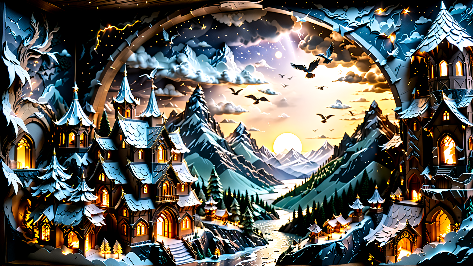 AI generated wallpaper featuring castle, mountain, tree, bird, sun, sky, river, snow, building, light