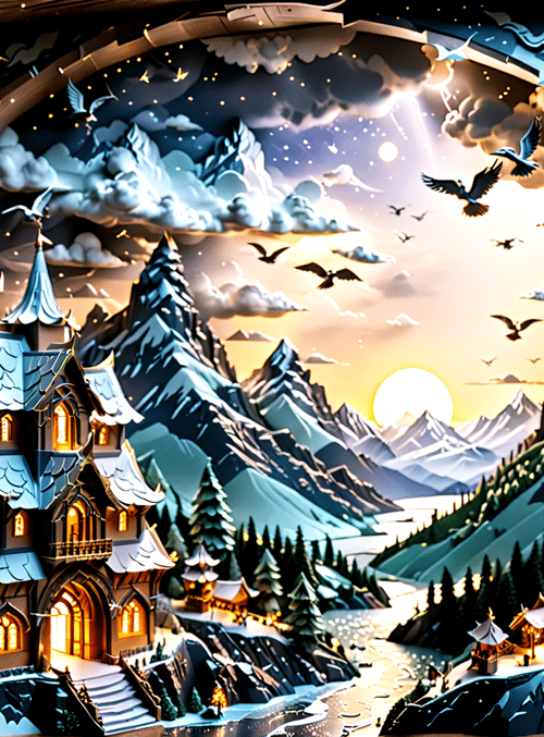 castle, mountain, tree, bird, sun, sky, river, snow, building, light