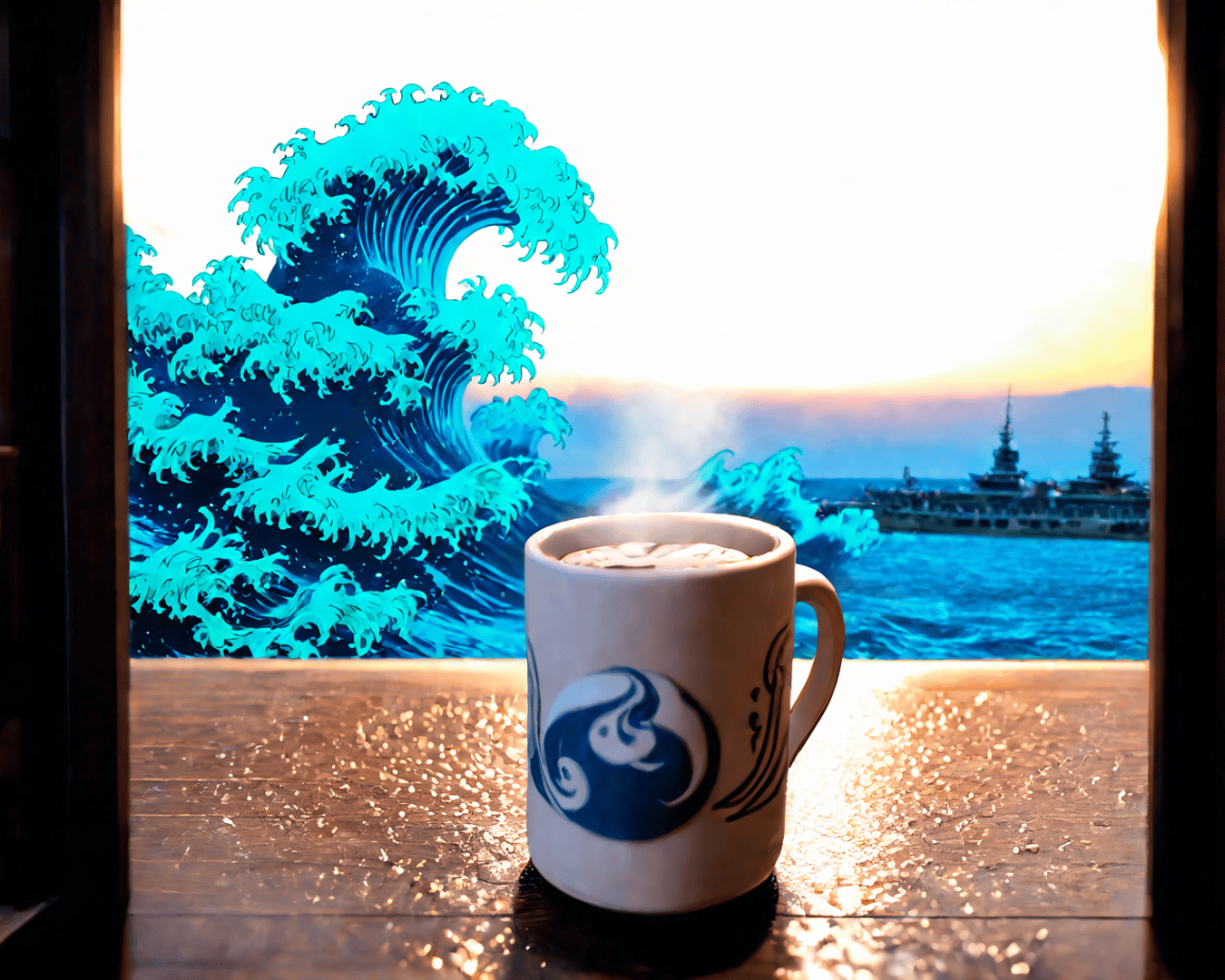 AI generated wallpaper featuring wave, cup, ship