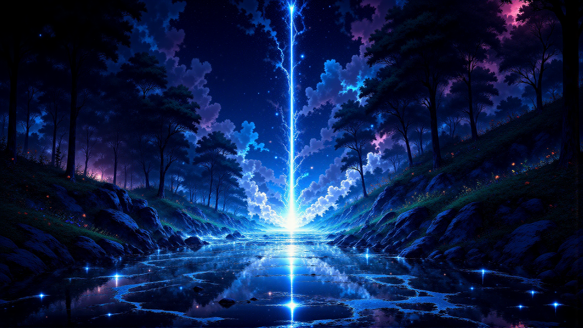AI generated wallpaper featuring lightning, river, trees, sky, clouds, rocks, stars