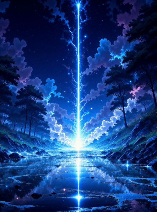 lightning, river, trees, sky, clouds, rocks, stars