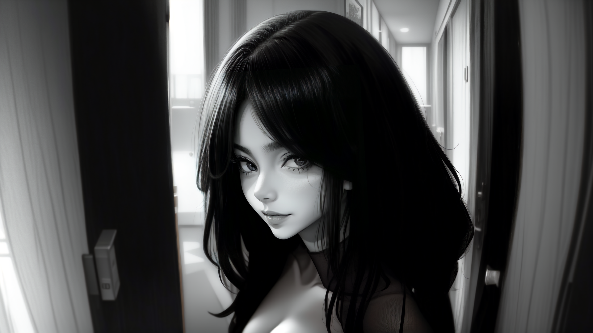 AI generated wallpaper featuring woman, hair, door